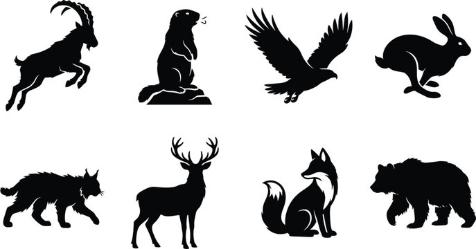 European alpine wildlife and mountain forest animal black silhouette vector set featuring ibex marmot eagle hare lynx deer fox and bearEuropean alpine wildlife and mountain