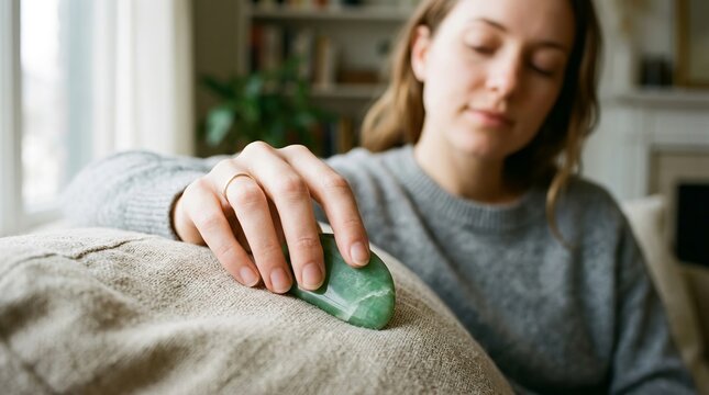 Woman practicing gua sha facial massage therapy with a green jade stone at home.