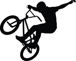 Naklejka premium BMX rider silhouette performing an extreme mid air bicycle stunt vector illustration representing action sports, youth culture, adrenaline, and freestyle trick concept