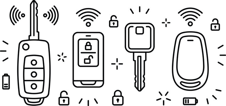 Car keys and smart vehicle security vector elements set featuring remote fobs smartphone access and lock icons