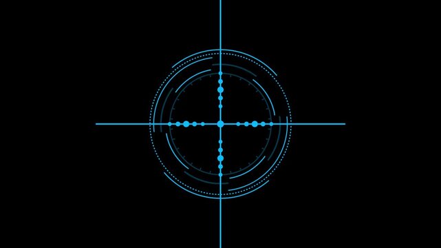 Futuristic digital cross hair targeting system interface HUD element, cyan blue glow on black background sci fi technology concept, light blue tracking radar indicator icon 4k.