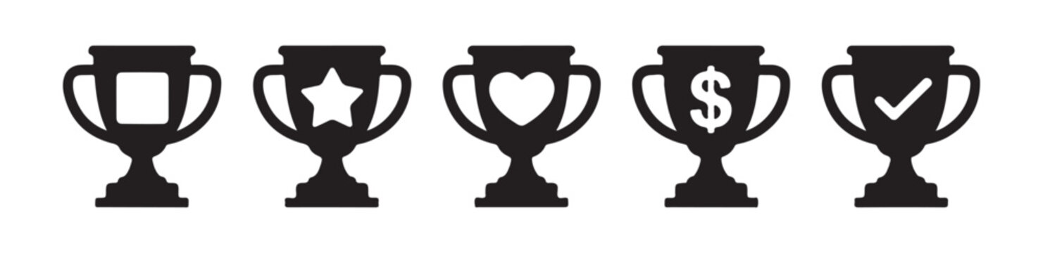 Set of trophy cup icons with star heart dollar and checkmark symbols