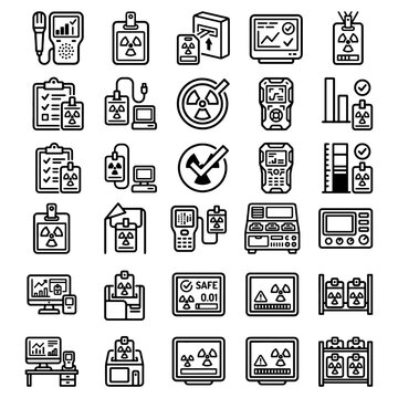 Commercial nuclear material storage rack icons and radiation warning triangle vector template collection. Minimalist black bold shapes for EHS compliance manual.