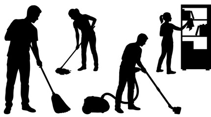 Naklejka premium People cleaning with brooms and vacuum.