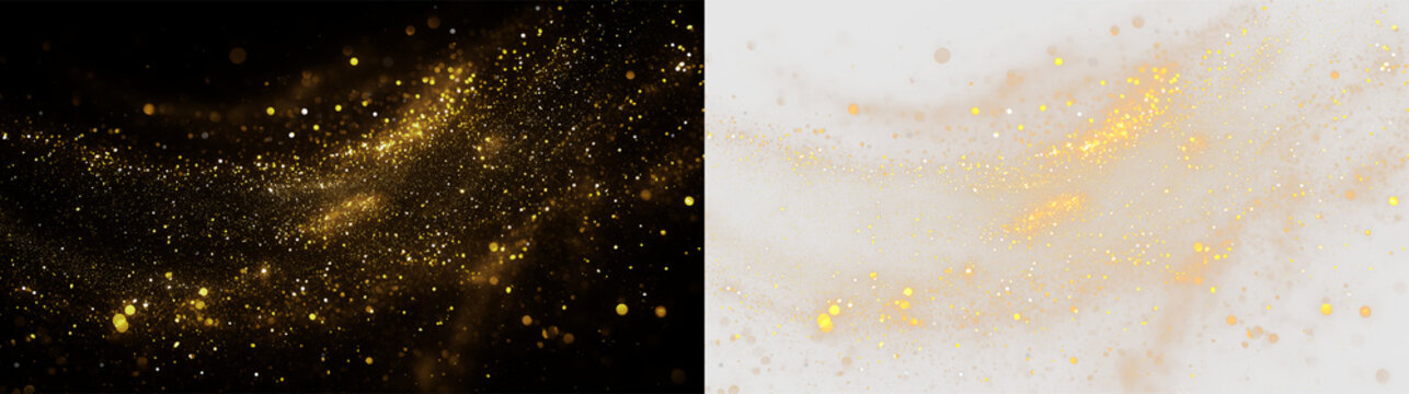 Swirls of gold dust and particles on a transparent background for creative designs and art projects