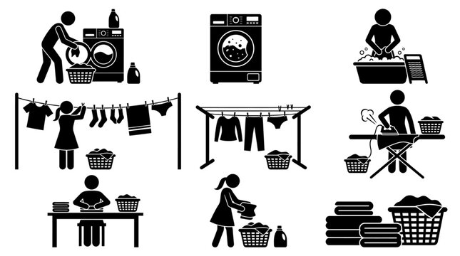 People doing laundry and cleaning.