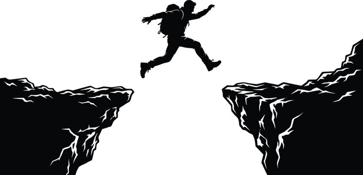 Hiker silhouette jumping across a mountain cliff gap vector illustration representing courage, overcoming obstacles, risk taking, freedom, adventure, and business breakthrough concept.