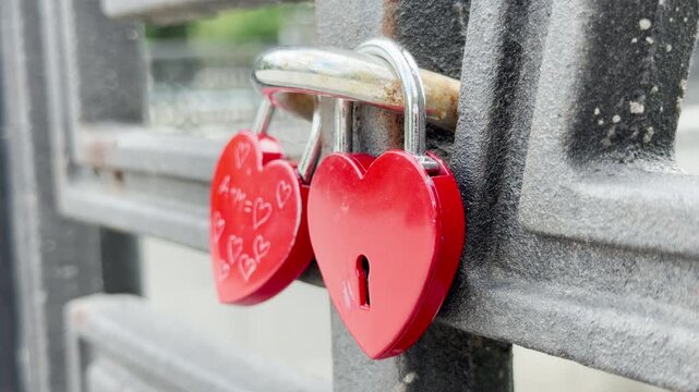 Two red heart padlocks are locked onto a metal bridge railing. They symbolize passionate devotion, romantic hope, and an unbreakable bond of endless joy.