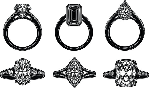 Elegant engagement ring collection, round, emerald, pear, oval, marquise, and cushion cut diamond designs, luxury jewelry set, vector illustration
