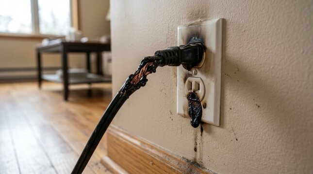 Damaged electrical cord and outlet showing signs of burning and melting.