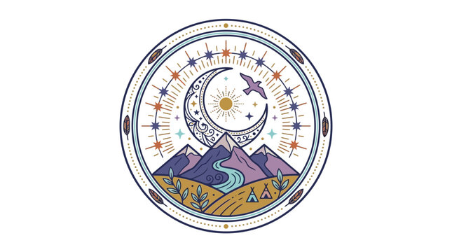 Bohemian Celestial Mountain Landscape with Moon and Stars Vector Illustration