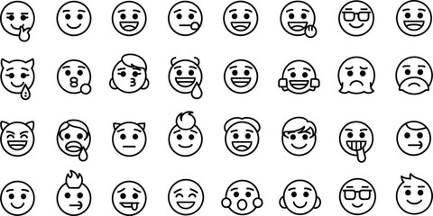 Fototapeta premium Emoji Face Icon Set Featuring 30 Expressions and Characters in Black and White