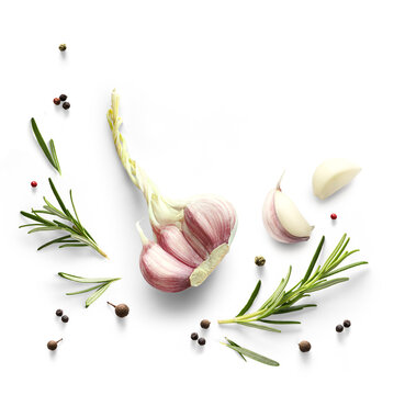 frame border Fresh green organic rosemary leaves and garlic isolated on white background. Transparent background and natural transparent shadow; Ingredient, spice for cooking. collection for design