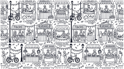 Obraz premium Street food market seamless pattern with stalls, vendors and bicycles.