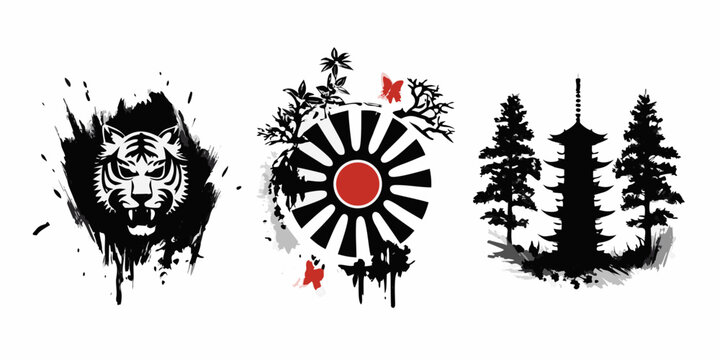 Asian Inspired Floral And Animal Designs In Sumi E Style