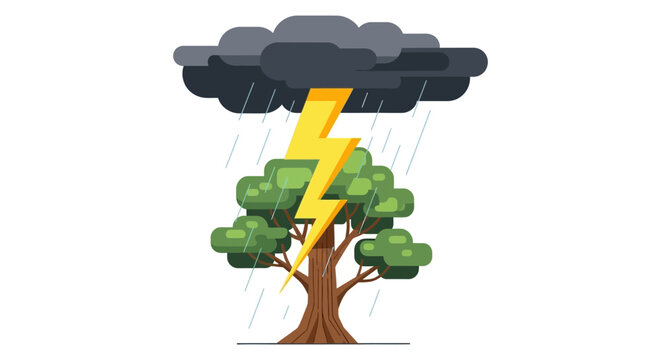 Tree struck by lightning during a storm flat vector silhouette