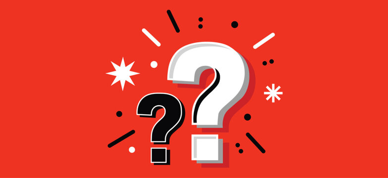 Bold red background, with large question, mark and dynamic, starburst questionmark flatdesign