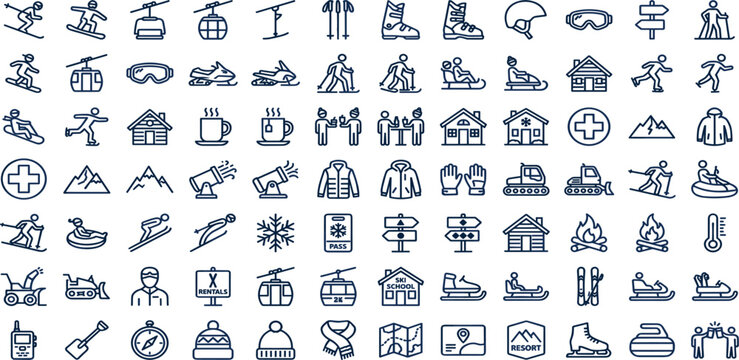 Winter Sports and Ski Resort Line Icon Collection Featuring Skiing, Snowboarding, Ice Skating, Snowmobiles, Cable Cars and Mountain Activities