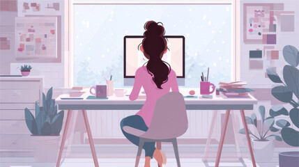 Obraz premium Woman working from home during winter enjoying snowy landscape