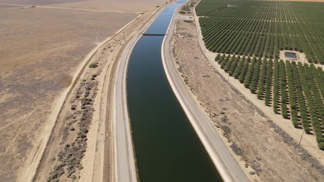 Aerial shot of one of the aqueducts running through California's Central Valley that supplies water to Los Angeles and Southern California.
