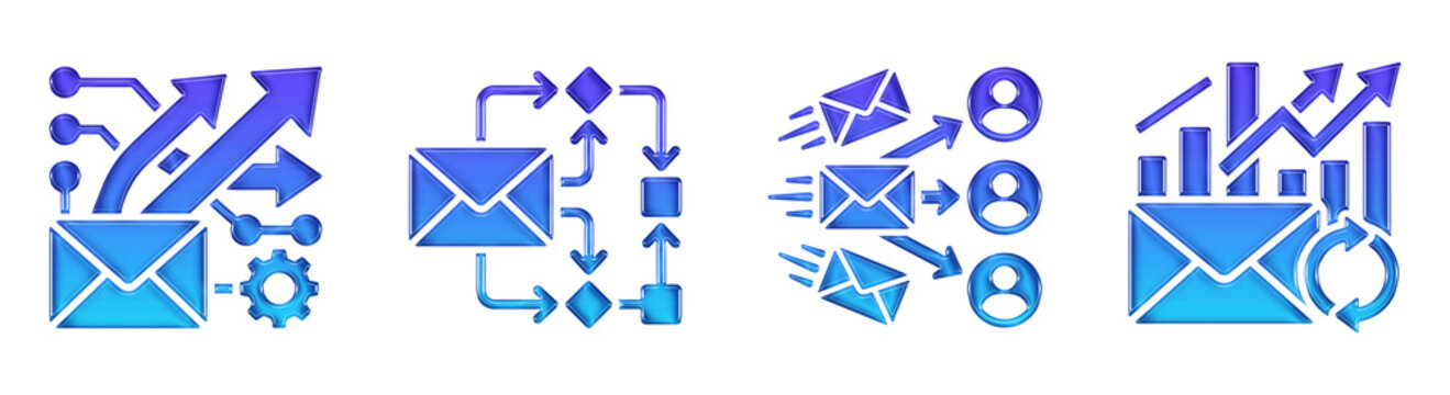 Email automation workflow processes Icon Set. 3D Glossy Gradient. Transparent PNG