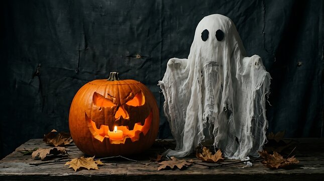 Little ghost and carved jack o lantern pumpkin for Halloween illustration