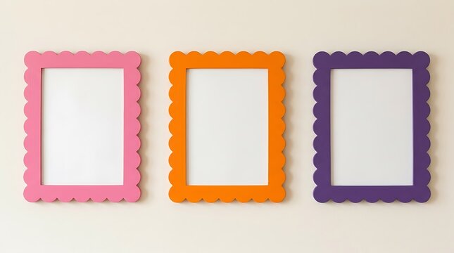 Three colorful scalloped picture frames on a wall illustration