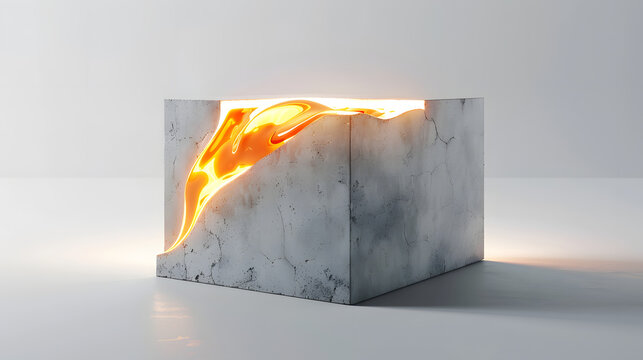 Grey geopolymer block repairing an internal fault with flowing amber resin