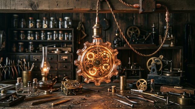 Vintage steampunk workshop with antique gears and industrial decor