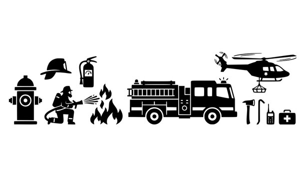Fire Fighting Equipment and Firefighter Black Silhouette Vector Collection with Truck Helicopter and Flame Icons on White