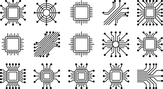 Microchip and Circuit Board Line Vector Icon Set with CPU Processor Computer Hardware Digital Network Patterns and Electronic Technology Elements