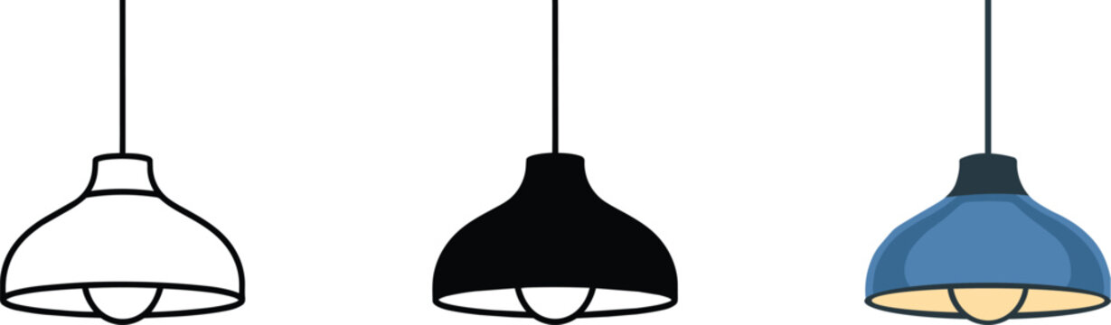 Pendant lamp icons set in different styles silhouette, and colored illustration and icon, hanging and home decor and light bulb and fixture in outline