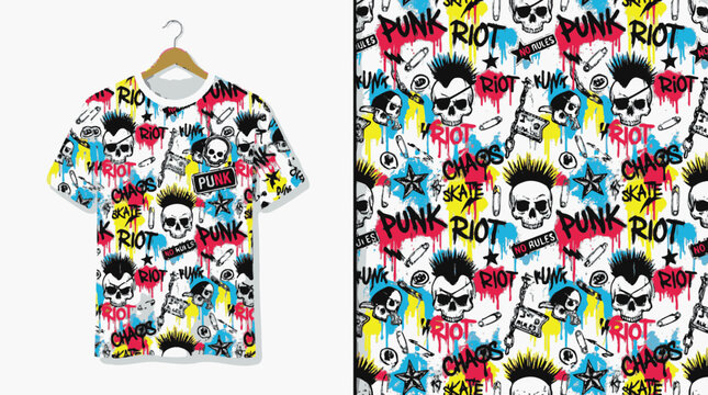 Punk rock skull and graffiti seamless pattern and mockup.