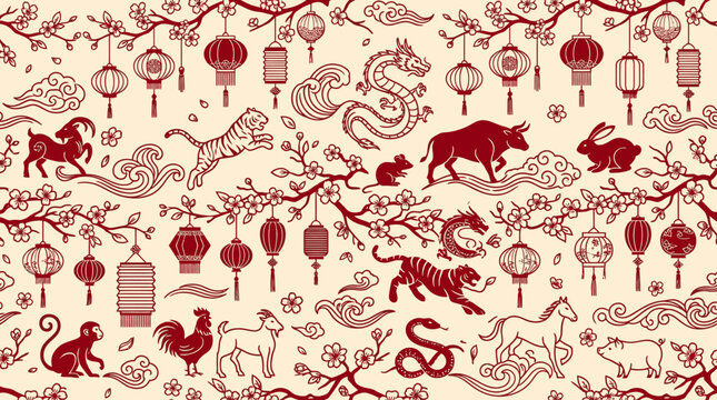 Red Chinese zodiac animals and lanterns seamless pattern.