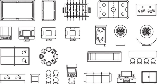 Game room furniture and entertainment equipment top view icons set in flat black and white line art