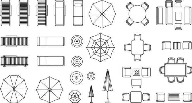 Outdoor furniture top view vector set including patio tables chairs sun loungers and umbrellas for architectural design