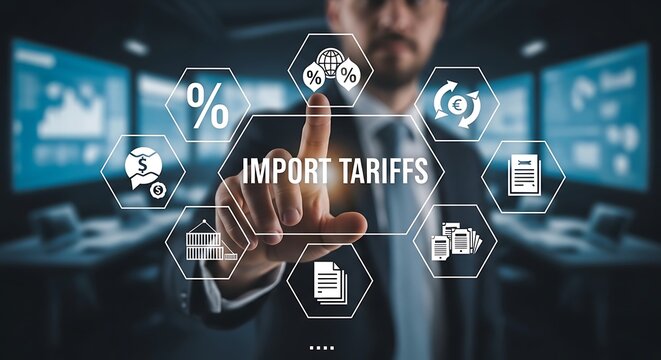 Import Tariffs concept with businessman touching digital interface, global trade and customs duty icons, international commerce logistics background