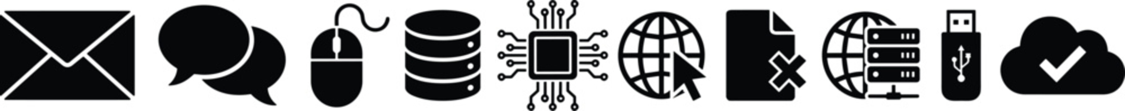 Modern computer and technology communication icon set isolated on transparent background for web development.