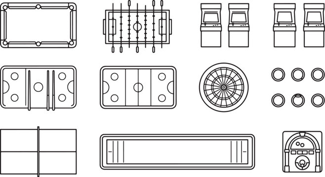 Set of arcade and bar game icons featuring pool table foosball air hockey and vintage gaming machines