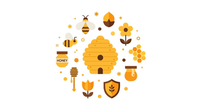 Honey Production and Beekeeping Flat Vector Illustration Set with Beehive, Bees, Honey Jars, and Floral Elements on White Background
