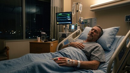 Fototapeta premium Elderly Man Recovering in Hospital Bed with Medical Equipment at Night.