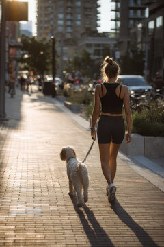 Young woman walking a dog in a city at sunset