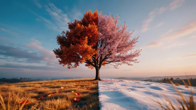 Stunning photo of Conceptual tree showing a split between autumn and spring seasons with snow and blossoms