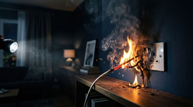 Electrical Outlet Fire Hazard Caused by Damaged Cable.