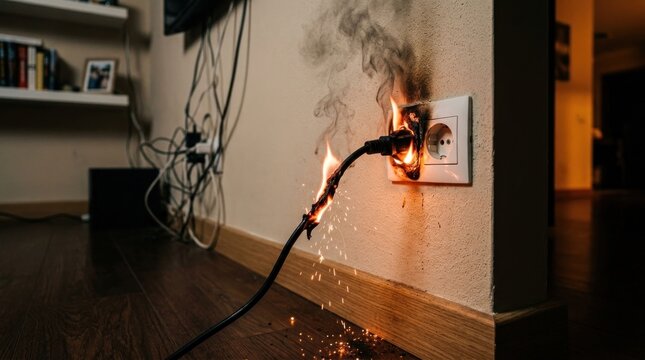 Electrical Outlet Fire Hazard Caused by Damaged Cord Sparks and Smoke.