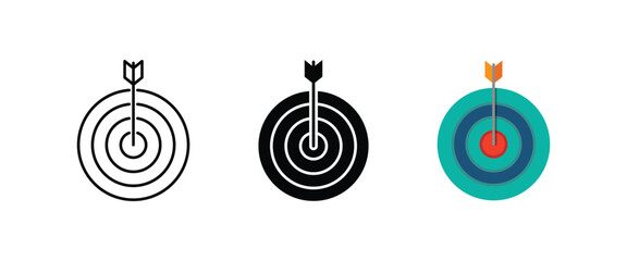 Business target arrow in center, marketing goal focus, corporate strategy success and accuracy mission icon set, bullseye hit symbol vector illustration © Nargis