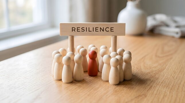wooden doll peg arranged and One doll peg  stands out in a bold contrasting color in the center with the word "RESILIENCE"
