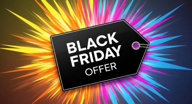 Vibrant black friday sale tag with colorful explosion background