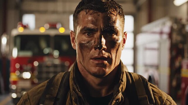 Grimy firefighter in uniform with soot on face looking determined in front of red fire truck