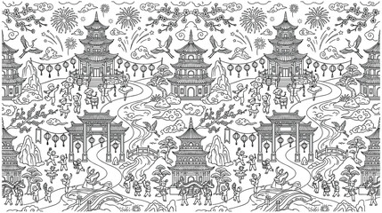 Naklejka premium Chinese new year celebration with pagoda temple and dancers line art page.